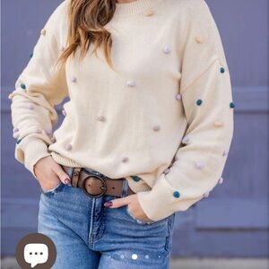 Women's Cream Sweater with Pom Pom Details